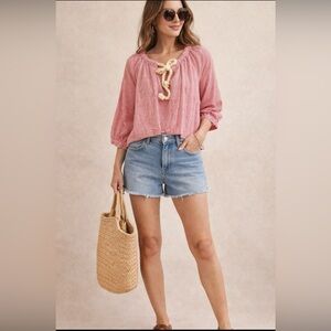 Boho Red Gingham Peasant Open Front Top Rope Tie Cottagecore Blouse Size S